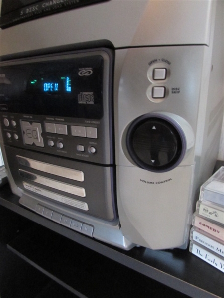 RCA STEREO SYSTEM W 5-DISC CD CHANGER WITH REMOTE, STAND & CASSETTES