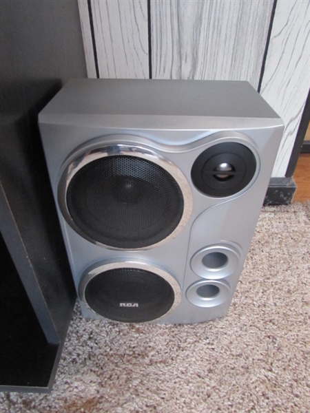 RCA STEREO SYSTEM W 5-DISC CD CHANGER WITH REMOTE, STAND & CASSETTES