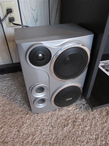 RCA STEREO SYSTEM W 5-DISC CD CHANGER WITH REMOTE, STAND & CASSETTES