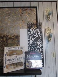 VINTAGE PLASTIC WALL CANDLE SCONCES, PEACOCK PANEL & GOLD MIRRORED WALL PANELS