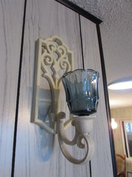 VINTAGE PLASTIC WALL CANDLE SCONCES, PEACOCK PANEL & GOLD MIRRORED WALL PANELS