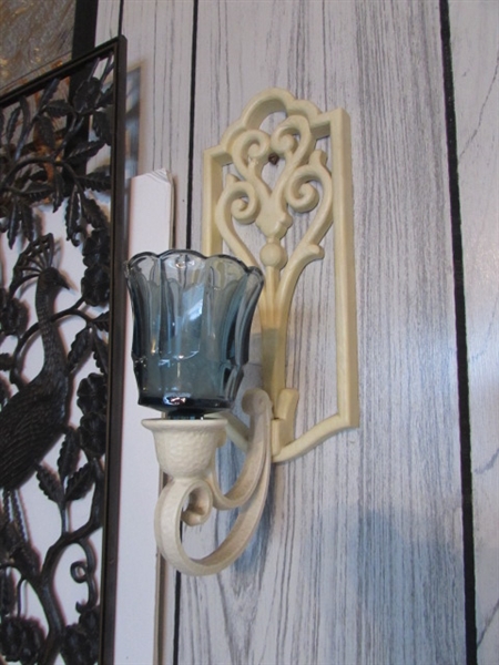 VINTAGE PLASTIC WALL CANDLE SCONCES, PEACOCK PANEL & GOLD MIRRORED WALL PANELS