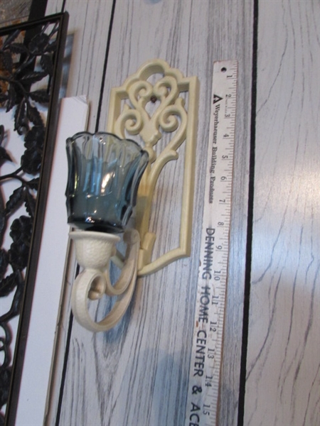 VINTAGE PLASTIC WALL CANDLE SCONCES, PEACOCK PANEL & GOLD MIRRORED WALL PANELS