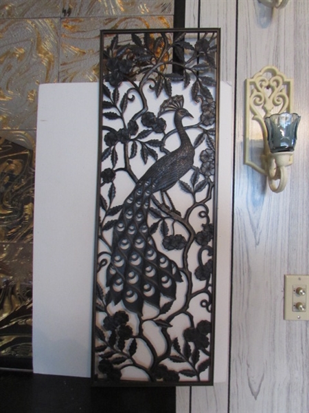 VINTAGE PLASTIC WALL CANDLE SCONCES, PEACOCK PANEL & GOLD MIRRORED WALL PANELS