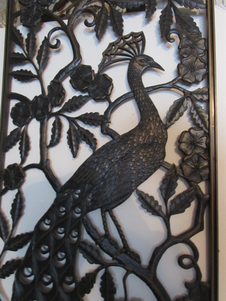 VINTAGE PLASTIC WALL CANDLE SCONCES, PEACOCK PANEL & GOLD MIRRORED WALL PANELS