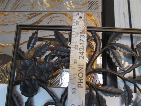 VINTAGE PLASTIC WALL CANDLE SCONCES, PEACOCK PANEL & GOLD MIRRORED WALL PANELS