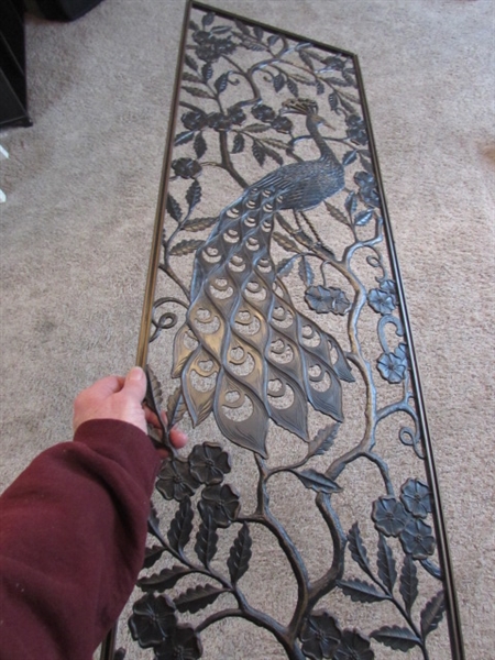 VINTAGE PLASTIC WALL CANDLE SCONCES, PEACOCK PANEL & GOLD MIRRORED WALL PANELS