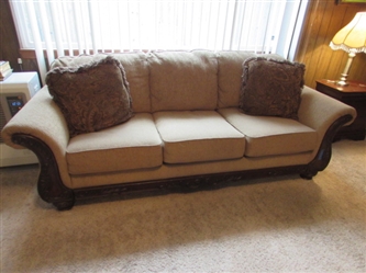3-CUSHION SOFA WITH CARVED WOOD ARMS & ACCENT PILLOWS - VERY CLEAN & COMFORTABLE