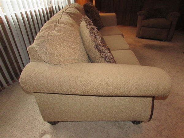 3-CUSHION SOFA WITH CARVED WOOD ARMS & ACCENT PILLOWS - VERY CLEAN & COMFORTABLE