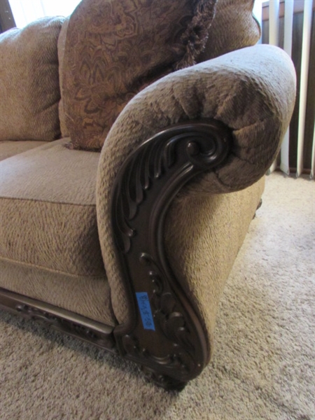 3-CUSHION SOFA WITH CARVED WOOD ARMS & ACCENT PILLOWS - VERY CLEAN & COMFORTABLE