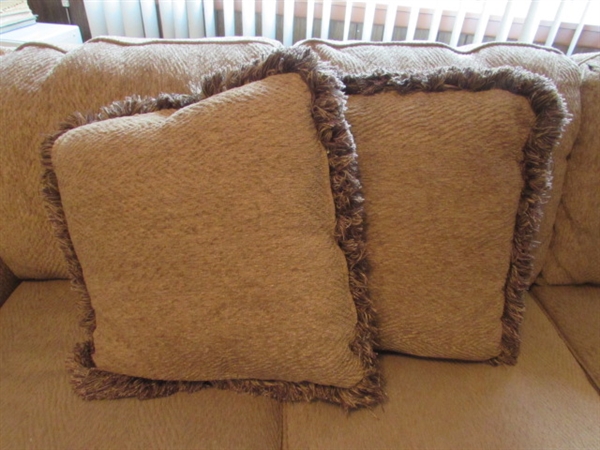 3-CUSHION SOFA WITH CARVED WOOD ARMS & ACCENT PILLOWS - VERY CLEAN & COMFORTABLE