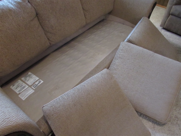 3-CUSHION SOFA WITH CARVED WOOD ARMS & ACCENT PILLOWS - VERY CLEAN & COMFORTABLE
