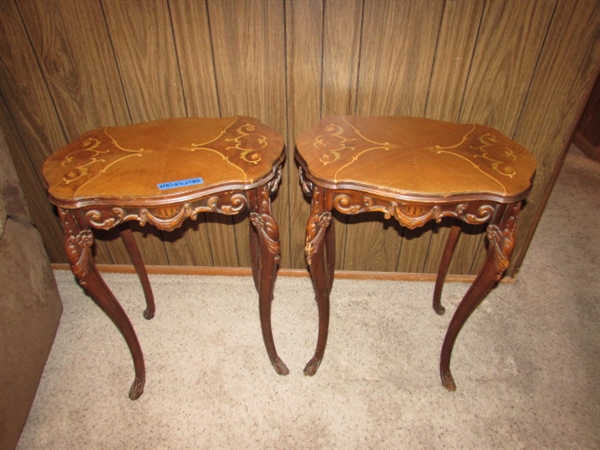 PAIR OF TALL ANTIQUE SIDE TABLES WITH HIGHLY CARVED LEGS & INLAID DESIGN ON THE TOPS