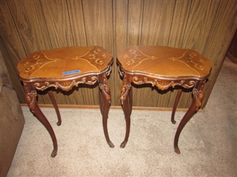PAIR OF TALL ANTIQUE SIDE TABLES WITH HIGHLY CARVED LEGS & INLAID DESIGN ON THE TOPS