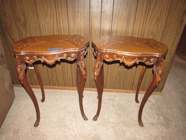 PAIR OF TALL ANTIQUE SIDE TABLES WITH HIGHLY CARVED LEGS & INLAID DESIGN ON THE TOPS