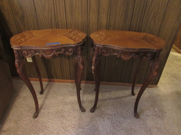 PAIR OF TALL ANTIQUE SIDE TABLES WITH HIGHLY CARVED LEGS & INLAID DESIGN ON THE TOPS