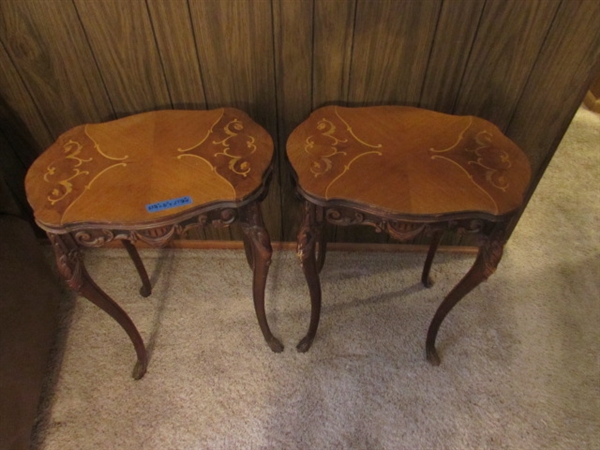 PAIR OF TALL ANTIQUE SIDE TABLES WITH HIGHLY CARVED LEGS & INLAID DESIGN ON THE TOPS