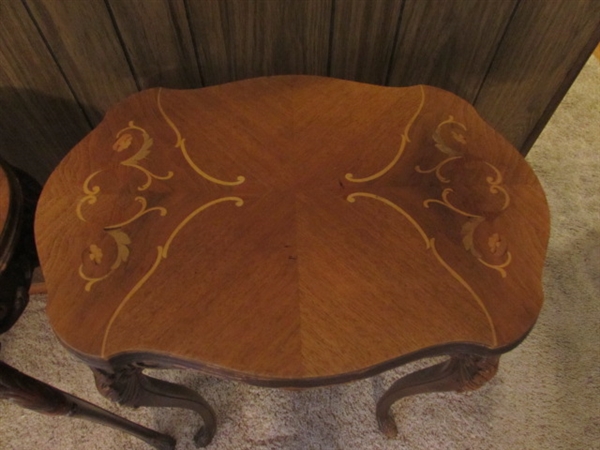 PAIR OF TALL ANTIQUE SIDE TABLES WITH HIGHLY CARVED LEGS & INLAID DESIGN ON THE TOPS