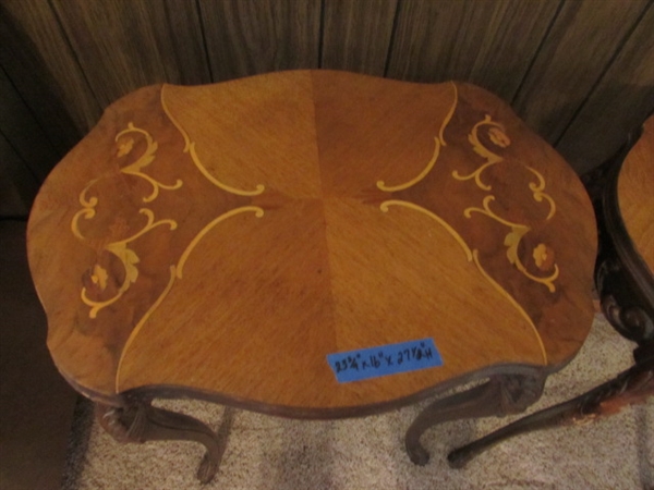 PAIR OF TALL ANTIQUE SIDE TABLES WITH HIGHLY CARVED LEGS & INLAID DESIGN ON THE TOPS