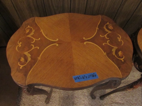 PAIR OF TALL ANTIQUE SIDE TABLES WITH HIGHLY CARVED LEGS & INLAID DESIGN ON THE TOPS