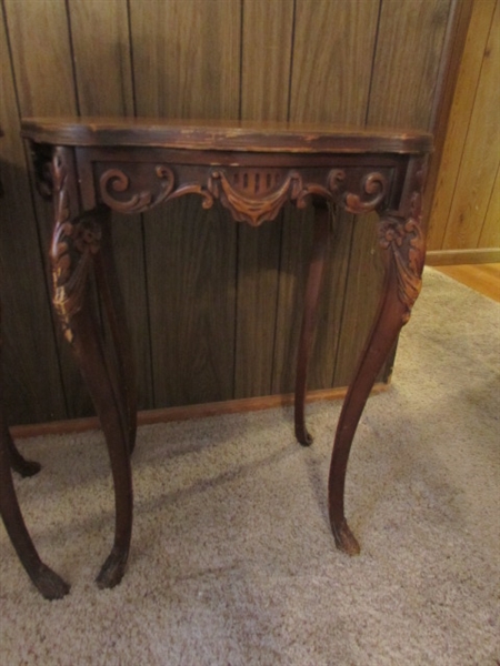 PAIR OF TALL ANTIQUE SIDE TABLES WITH HIGHLY CARVED LEGS & INLAID DESIGN ON THE TOPS