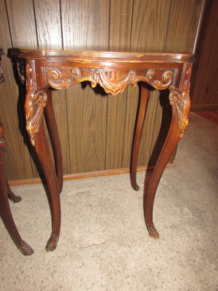 PAIR OF TALL ANTIQUE SIDE TABLES WITH HIGHLY CARVED LEGS & INLAID DESIGN ON THE TOPS