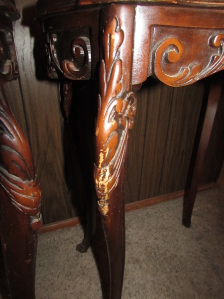PAIR OF TALL ANTIQUE SIDE TABLES WITH HIGHLY CARVED LEGS & INLAID DESIGN ON THE TOPS