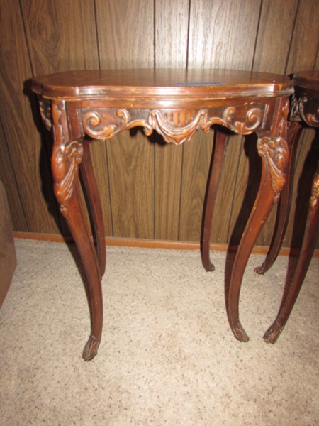 PAIR OF TALL ANTIQUE SIDE TABLES WITH HIGHLY CARVED LEGS & INLAID DESIGN ON THE TOPS