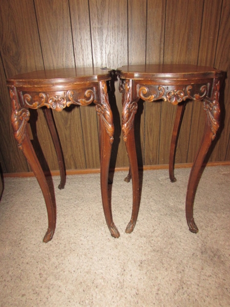 PAIR OF TALL ANTIQUE SIDE TABLES WITH HIGHLY CARVED LEGS & INLAID DESIGN ON THE TOPS