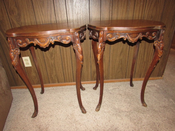 PAIR OF TALL ANTIQUE SIDE TABLES WITH HIGHLY CARVED LEGS & INLAID DESIGN ON THE TOPS