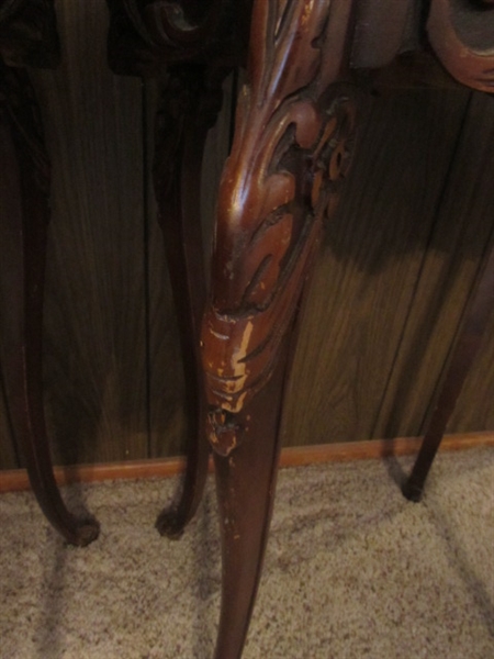 PAIR OF TALL ANTIQUE SIDE TABLES WITH HIGHLY CARVED LEGS & INLAID DESIGN ON THE TOPS