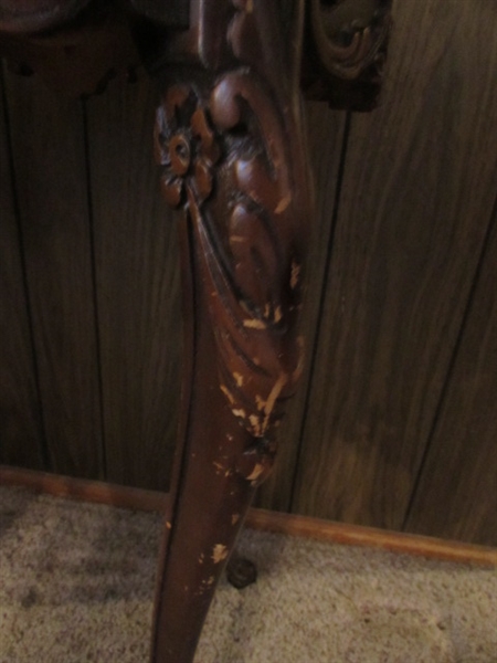 PAIR OF TALL ANTIQUE SIDE TABLES WITH HIGHLY CARVED LEGS & INLAID DESIGN ON THE TOPS