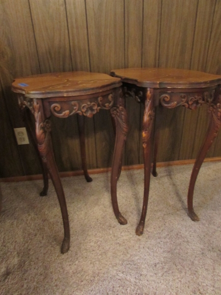 PAIR OF TALL ANTIQUE SIDE TABLES WITH HIGHLY CARVED LEGS & INLAID DESIGN ON THE TOPS
