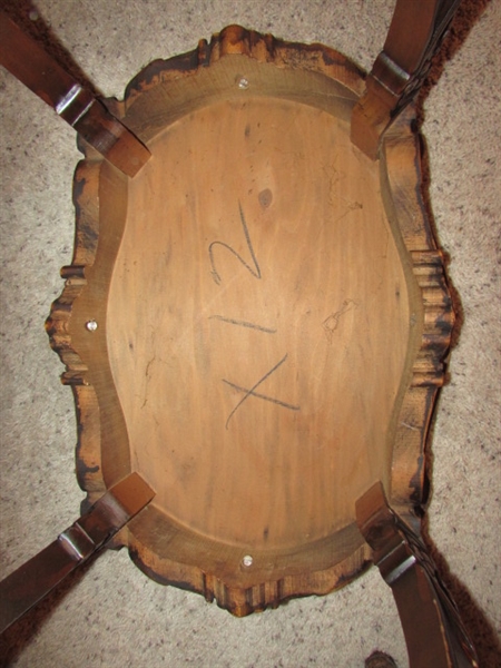 PAIR OF TALL ANTIQUE SIDE TABLES WITH HIGHLY CARVED LEGS & INLAID DESIGN ON THE TOPS