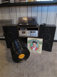 VINTAGE "ELECTRO BRAND" STEREO SYSTEM & TURNTABLE W/LPS, SPEAKERS & STAND