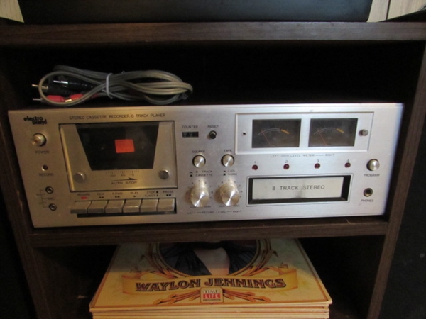 VINTAGE ELECTRO BRAND STEREO SYSTEM & TURNTABLE W/LPS, SPEAKERS & STAND