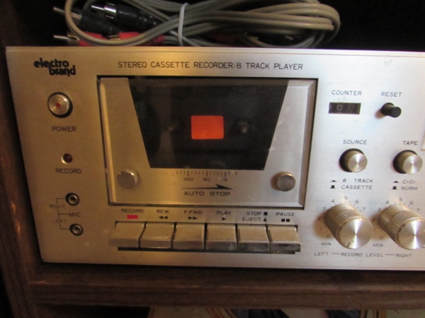 VINTAGE ELECTRO BRAND STEREO SYSTEM & TURNTABLE W/LPS, SPEAKERS & STAND