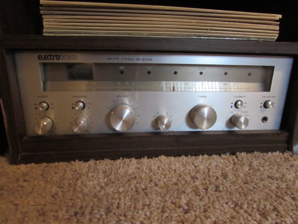 VINTAGE ELECTRO BRAND STEREO SYSTEM & TURNTABLE W/LPS, SPEAKERS & STAND