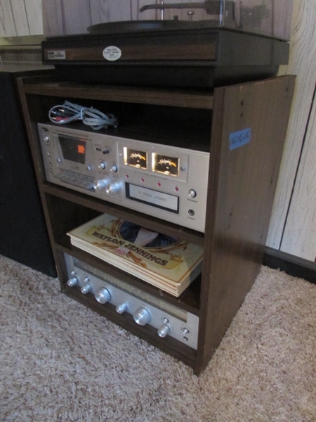 VINTAGE ELECTRO BRAND STEREO SYSTEM & TURNTABLE W/LPS, SPEAKERS & STAND