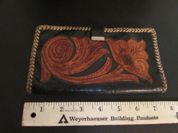 VINTAGE HANDTOOLED LEATHER PURSE & WALLET