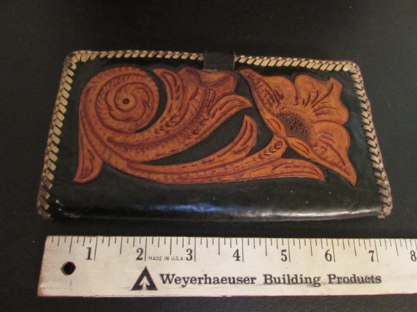 VINTAGE HANDTOOLED LEATHER PURSE & WALLET