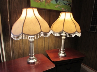 PAIR OF METAL BASE TABLE LAMPS WITH VICTORIAN SHADES WITH BEADED TRIM