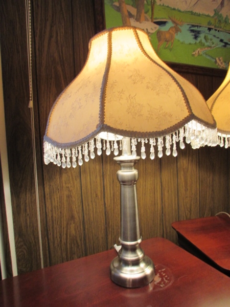 PAIR OF METAL BASE TABLE LAMPS WITH VICTORIAN SHADES WITH BEADED TRIM