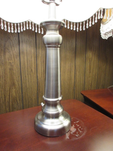 PAIR OF METAL BASE TABLE LAMPS WITH VICTORIAN SHADES WITH BEADED TRIM