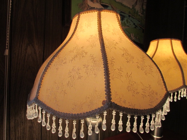 PAIR OF METAL BASE TABLE LAMPS WITH VICTORIAN SHADES WITH BEADED TRIM