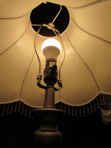 PAIR OF METAL BASE TABLE LAMPS WITH VICTORIAN SHADES WITH BEADED TRIM