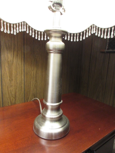 PAIR OF METAL BASE TABLE LAMPS WITH VICTORIAN SHADES WITH BEADED TRIM