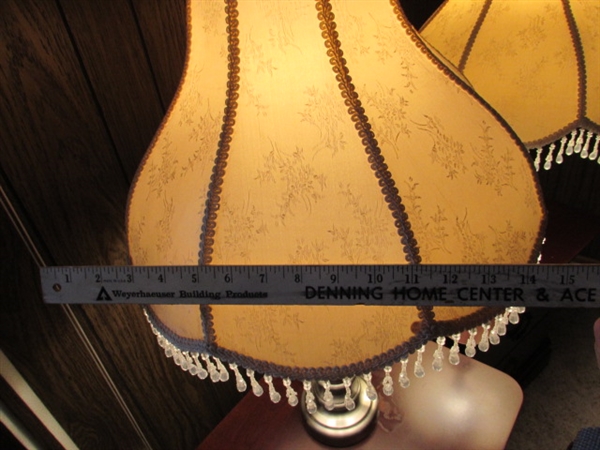 PAIR OF METAL BASE TABLE LAMPS WITH VICTORIAN SHADES WITH BEADED TRIM
