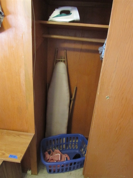 VINTAGE WOODEN FRAME IRONING BOARD, IRON, LAUNDRY BASKET & CLOTHESPINS IN APRON