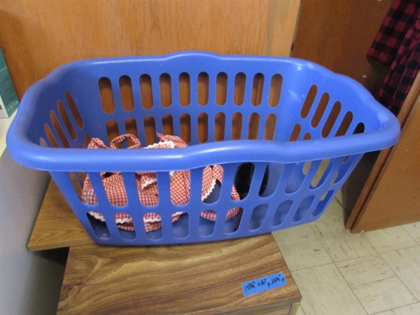 VINTAGE WOODEN FRAME IRONING BOARD, IRON, LAUNDRY BASKET & CLOTHESPINS IN APRON